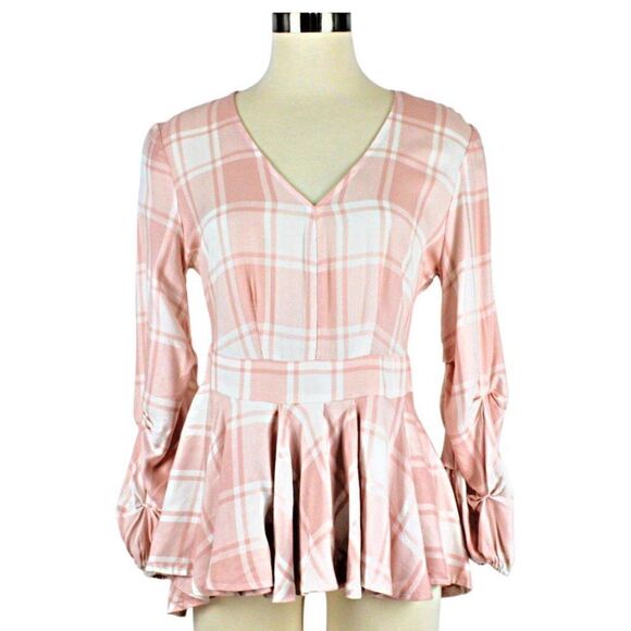 Top Pink Ruffle Buffalo Check Hi-Low Hem Peplum Waist Back Zip XS SOHO NY & CO - Picture 1 of 9